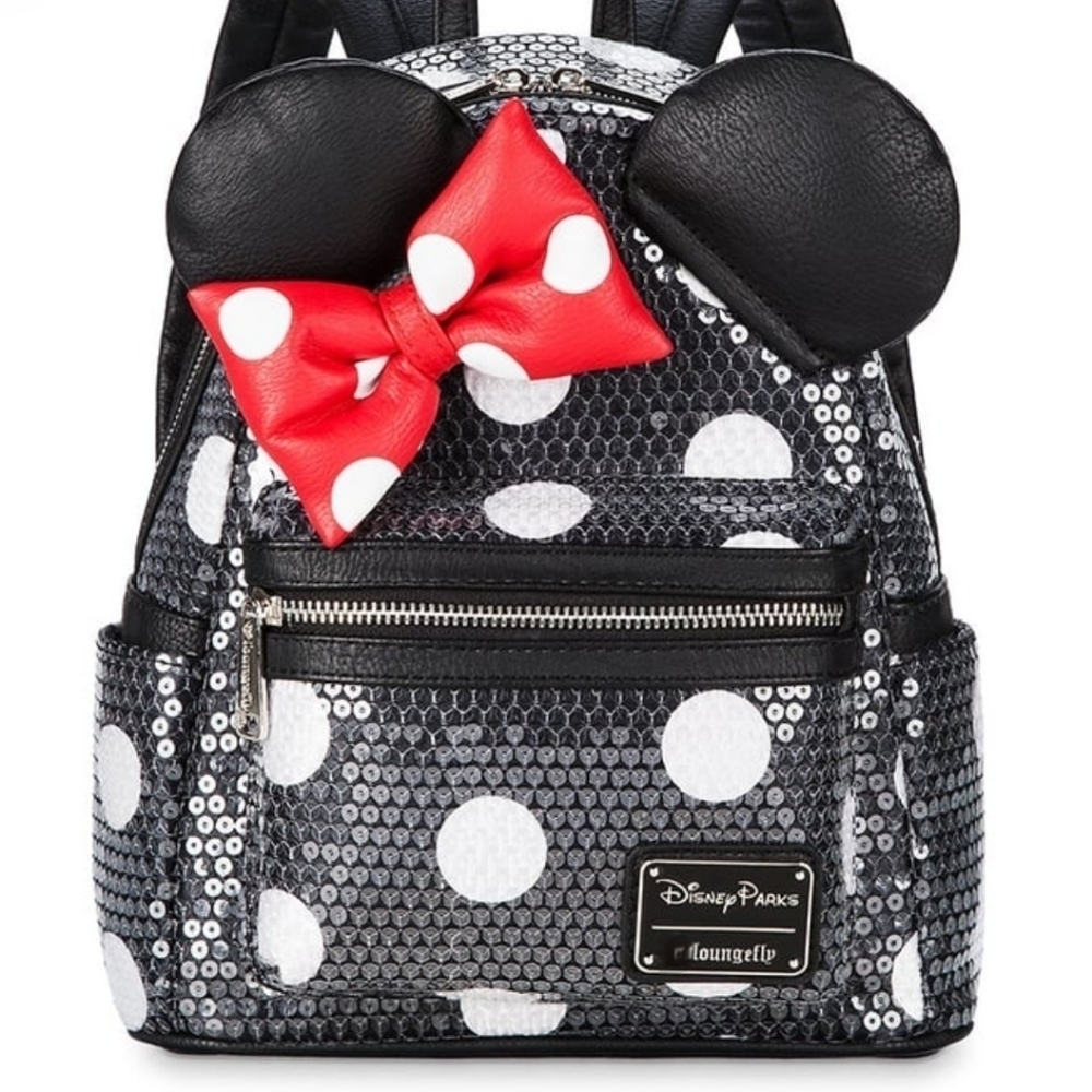 Loungefly Disney Minnie Mouse Sequined Polka Dot Black White Backpack - Picture 7 of 7